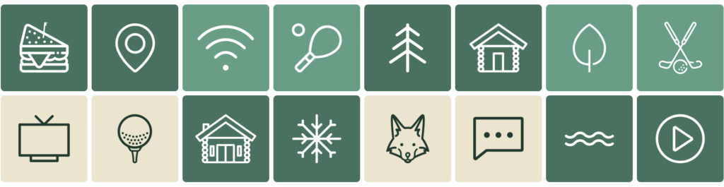 16 Sugar Lake Lodge brand icons that were sourced and modified or custom created to fit the brand aesthetic.